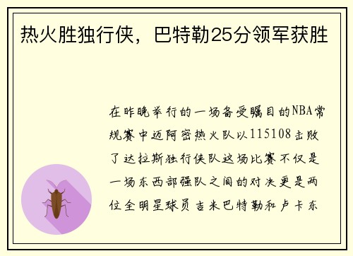 热火胜独行侠，巴特勒25分领军获胜