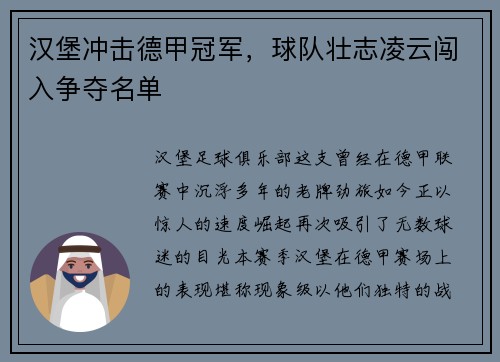 汉堡冲击德甲冠军，球队壮志凌云闯入争夺名单